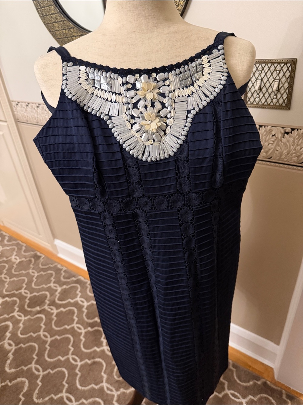 Like NEW cotton high end  Navy Beaded sleeveless Nanette Lepore Dress size 2